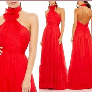 NWT MacDuggal Asymmetrical Halter Neck Tiered A Line‎ Gown 68209 Red